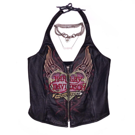 90s y2k Vintage Black heart embroidered leather bustier by Harley Davidson🕷