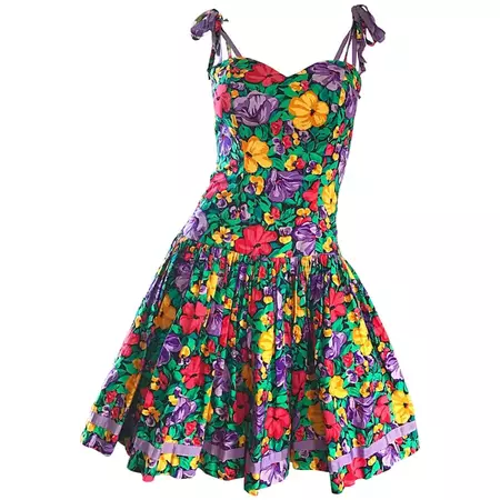 Vintage Blair Woolverton 1980s Floral Ribbon Size 4 Cotton Fit n Flare 80s Dress For Sale at 1stDibs
