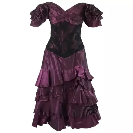 Vicky Tiel Eggplant Pleated Taffeta and Lace Dress - 46 - 1980's For Sale at 1stDibs