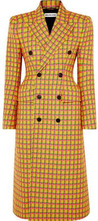 Checked Double-breasted Wool Coat - Yellow