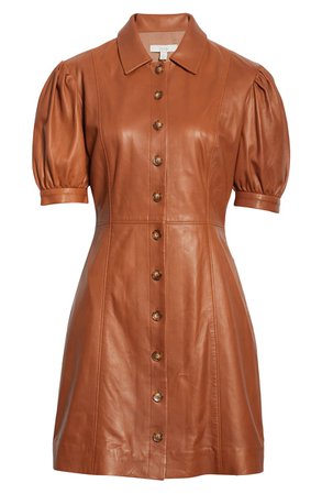 Joie Fidal Puff Sleeve Fit & Flare Leather Dress | Nordstrom