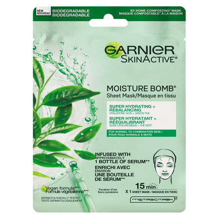 Garnier Beauty Face Mask, Hydrating Skin Care for Normal to Combination Skin, Hyaluronic Acid + Green Tea