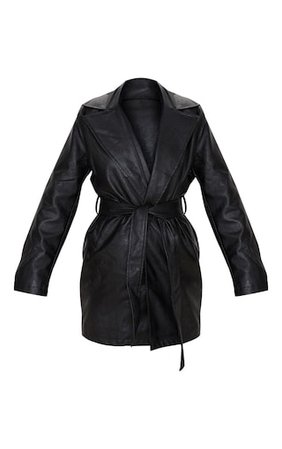 Black Faux Leather Tie Waist Jacket | PrettyLittleThing USA