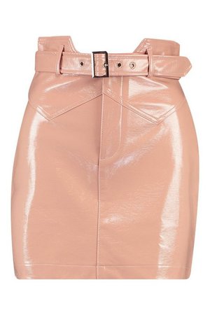 Belted Panel Detail Leather Look Mini Skirt | Boohoo UK