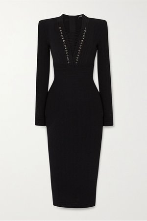 Black Lace-up ribbed-knit midi dress | Balmain | NET-A-PORTER