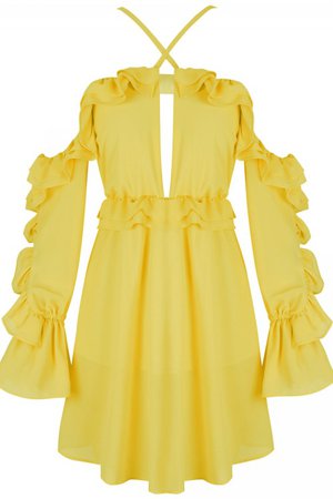 Yellow Strapy Long Sleeve Mini Flouncing Bodycon Dress