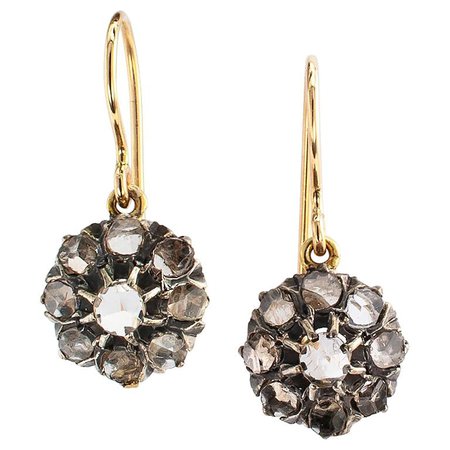 Victorian Rose Cut Diamond Gold Silver Drop Earrings For Sale at 1stdibs