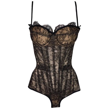 1990's Roberto Cavalli Victorian Sheer Black Lace Padded Corset Bodysuit For Sale at 1stdibs