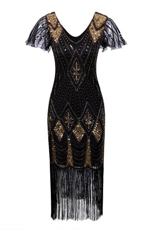 Zapaka Women's Black and Gold V-neck Sequins Glitter Fringe Vintage 1920s Flapper Dress – ZAPAKA