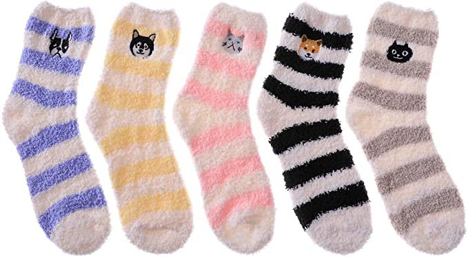 ZaYang 5 Pack Womens Microfiber Sleeping Socks Cute Animal Soft Fuzzy Warm Winter Slipper Socks（5 Color） at Amazon Women’s Clothing store