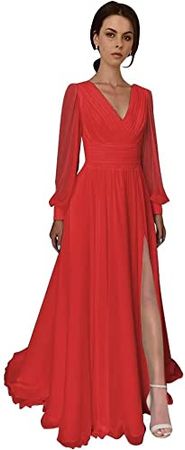 Split Chiffon V Neck Long Sleeve Prom Dresses Formal Dress for Women A-Line Pleated Maxi Gown at Amazon Women’s Clothing store