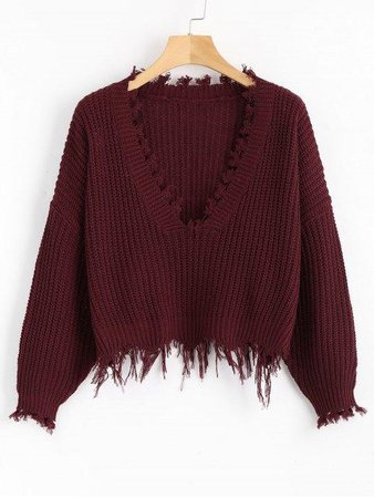 [57% OFF] 2020 Loose Ripped V Neck Sweater In WINE RED | ZAFUL ..
