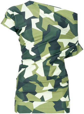 asymmetric graphic camouflage print top