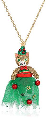 Betsey Johnson Christmas Kitty Pendant Long Necklace, Green, One Size: Clothing