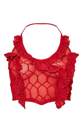 Red Sheer Textured Ruffle Halterneck Crop Top | PrettyLittleThing AUS