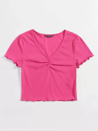 Lettuce Trim Ruched Front Rib-knit Top | SHEIN USA pink