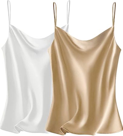 VIDUSSA Women's Cowl Neck Camis Satin Tank Top Silk Camisoles Sleeveless Blouses Tank Shirt 2 Pack Champagne + White M at Amazon Women’s Clothing store