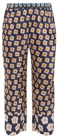Pouri Floral Print Silk Cropped Trousers - Womens - Navy Multi
