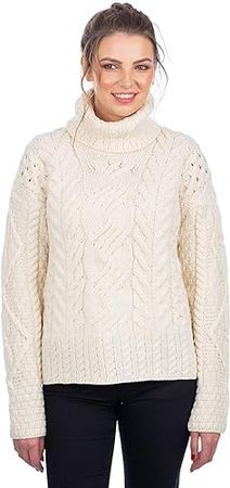 100% Super Soft Merino Wool Irish Cable Knit Turtleneck Women Sweater at Amazon Women’s Clothing store