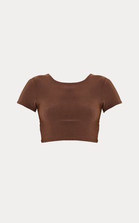 Dark Brown Slinky Short Sleeve Crop Top | PrettyLittleThing USA