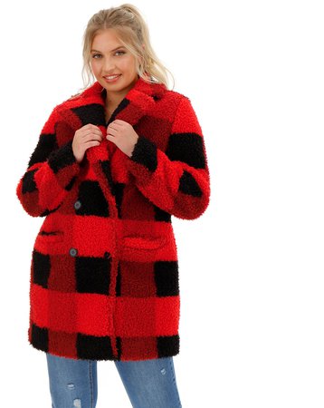 Red & Black Check Print Teddy Coat | Simply Be