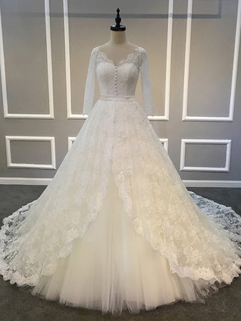 Ericdress Ball Gown Appliques Button Long Sleeves Wedding Dress -m.ericdress.com