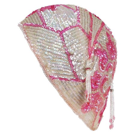 1920's French Pink Floral-Motif Sequin Beaded Flapper Cloche Hat Headpiece For Sale at 1stdibs