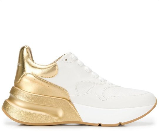 White And Gold Chunky Leather Low Top Sneakers