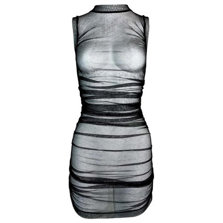 Unworn 2000's Dolce and Gabbana Sheer Black Mesh Ruched Mini Dress 40 For Sale at 1stDibs