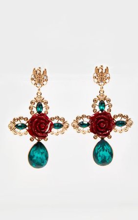 Green Gemstone Red Rose Ornate Cross Earrings | PrettyLittleThing