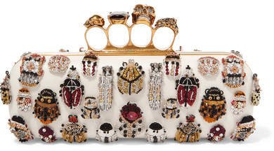 Knuckle Embellished Leather Clutch - White