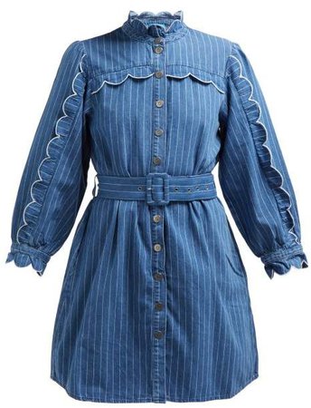 Covey Scalloped Cotton Chambray Dress - Womens - Blue Stripe