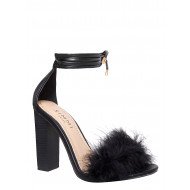 Tayen Black Fluffy Lace Up Block Heels : Simmi Shoes