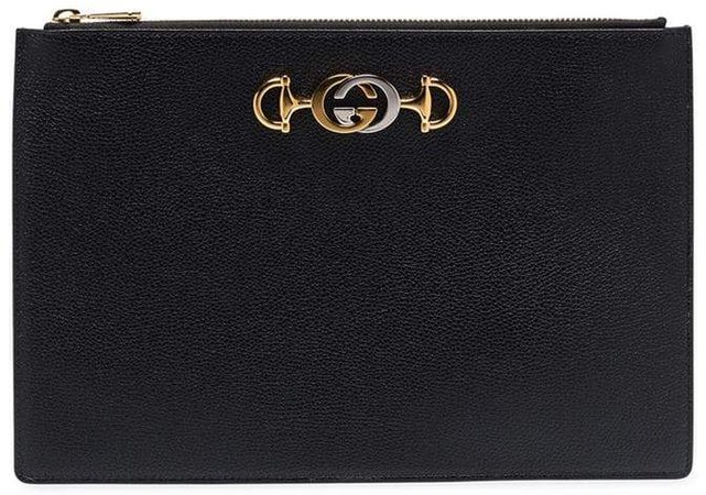 black GG brooch-embellished leather clutch bag