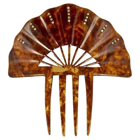 Art Deco Faux Tortoiseshell Four Prong Fan Shaped Hair Comb with Rhinestones For Sale at 1stDibs