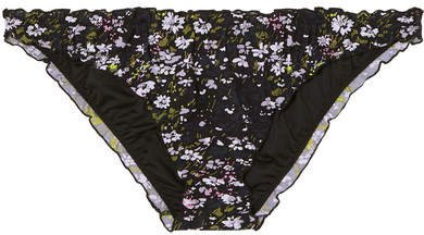 Ruffled Floral-print Bikini Briefs - Black