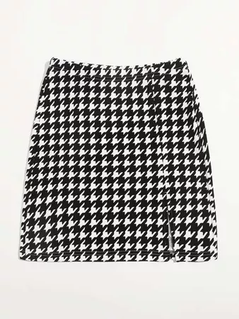 Split Hem Houndstooth Skirt | SHEIN USA black white