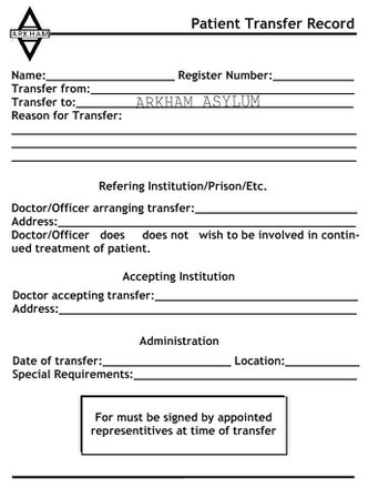 Arkham Asylum Patient Transfer Record/Document