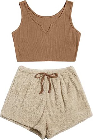 Milumia Women's Two Piece Pajama Crop Tank Top Tie Waist Fluffy Teddy Shorts Lounge Set Brown and Beige Large at Amazon Women’s Clothing store