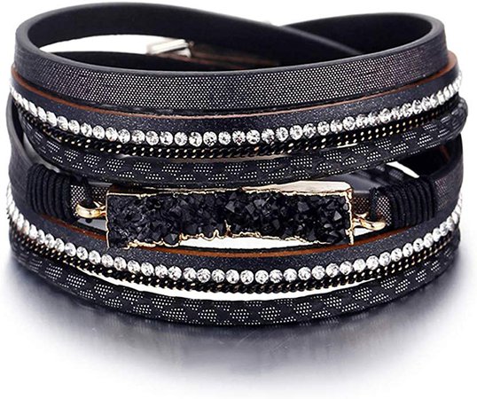 AmazonSmile: FAXHION Multi-Layer Wrap Leather Bracelet Magnet Buckle Crystal Black Natural Stones Charm Cuff Bracelet Jewelry for Women Girl Gift: Clothing