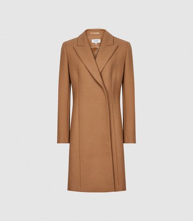 Evie Camel Wool Blend Mid Length Overcoat – REISS