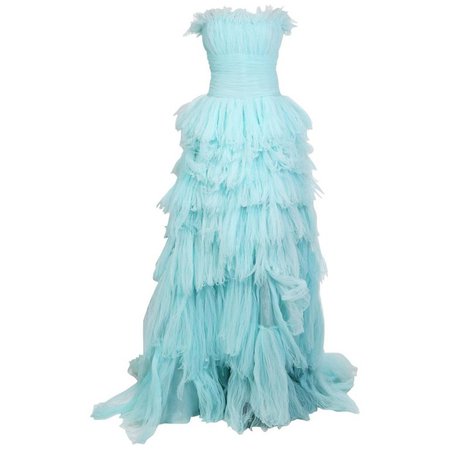 Oscar de La Renta Strapless Gown of Tiered Aqua Blue Tulle For Sale at 1stdibs