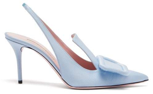 Buckle Grosgrain And Leather Slingback Pumps - Womens - Light Blue