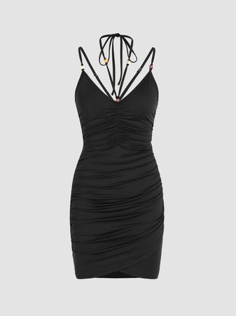Beaded Halter Ruched Bodycon Mini Dress - Cider