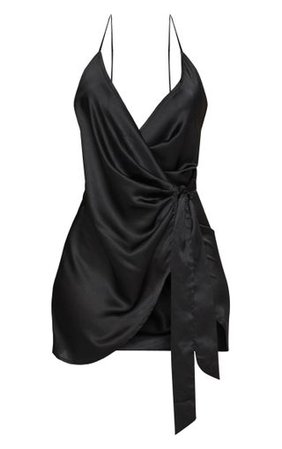 Black Satin Halterneck Wrap Bodycon Dress | PrettyLittleThing