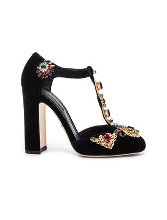 Dolce & Gabbana Jewel Embellished Velvet T Strap Heels in Black