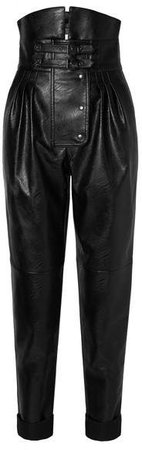 Belted Faux Leather Tapered Pants - Black