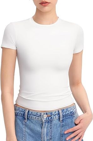 PUMIEY Summer Tops for Women Slim Fit Short Sleeve T Shirts Sexy Y2K Crop Top, Splashed White Large at Amazon Women’s Clothing store