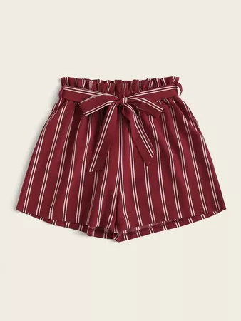Striped Paper-bag Waist Belted Shorts | SHEIN USA burgundy