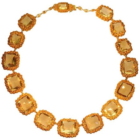 Fine Antique Citrine and 18 Karat Yellow Gold Filigree Necklace For Sale at 1stdibs